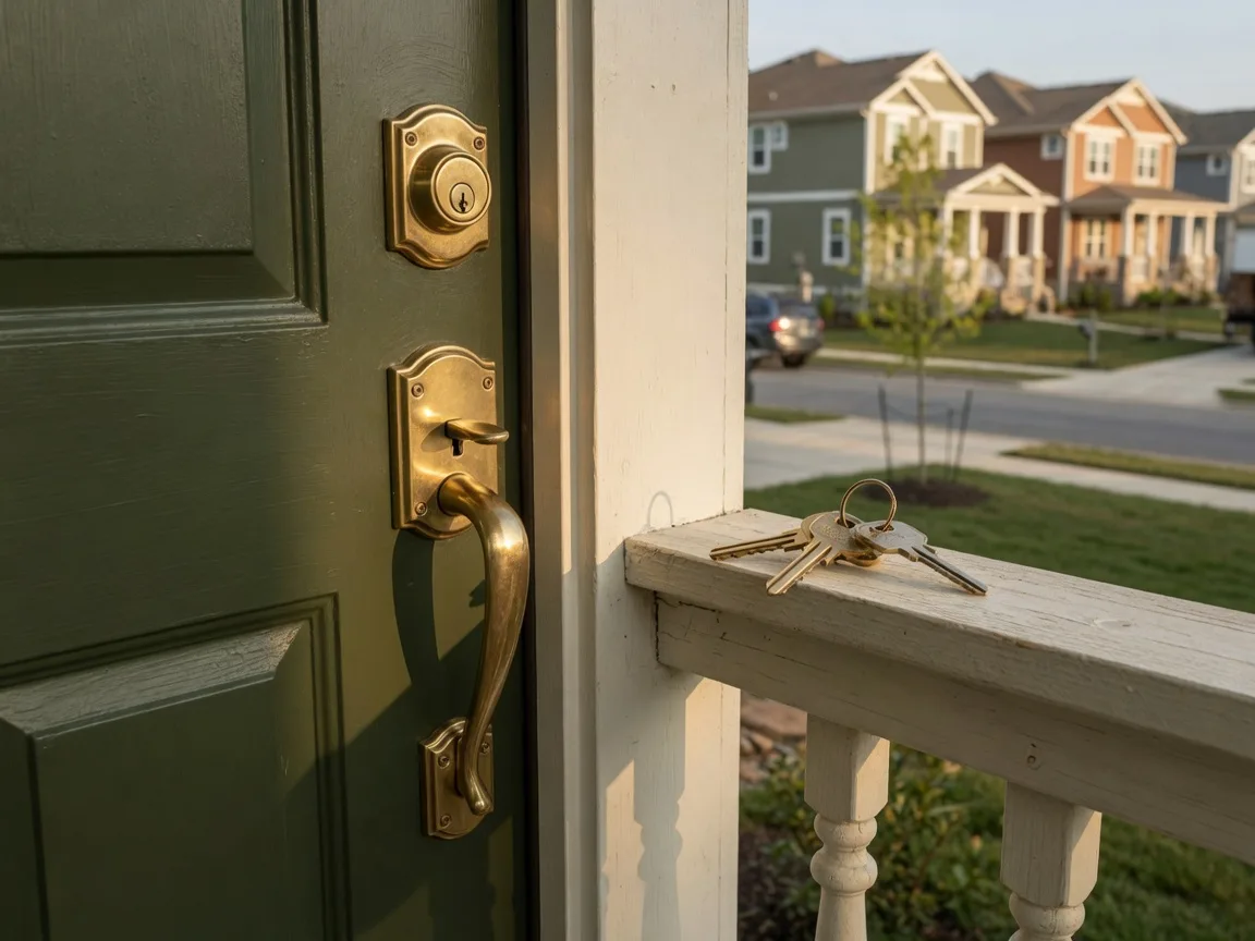 A keyed entry handle and brass deadbolt on a new home's front door, with house keys resting on the wooden porch railing