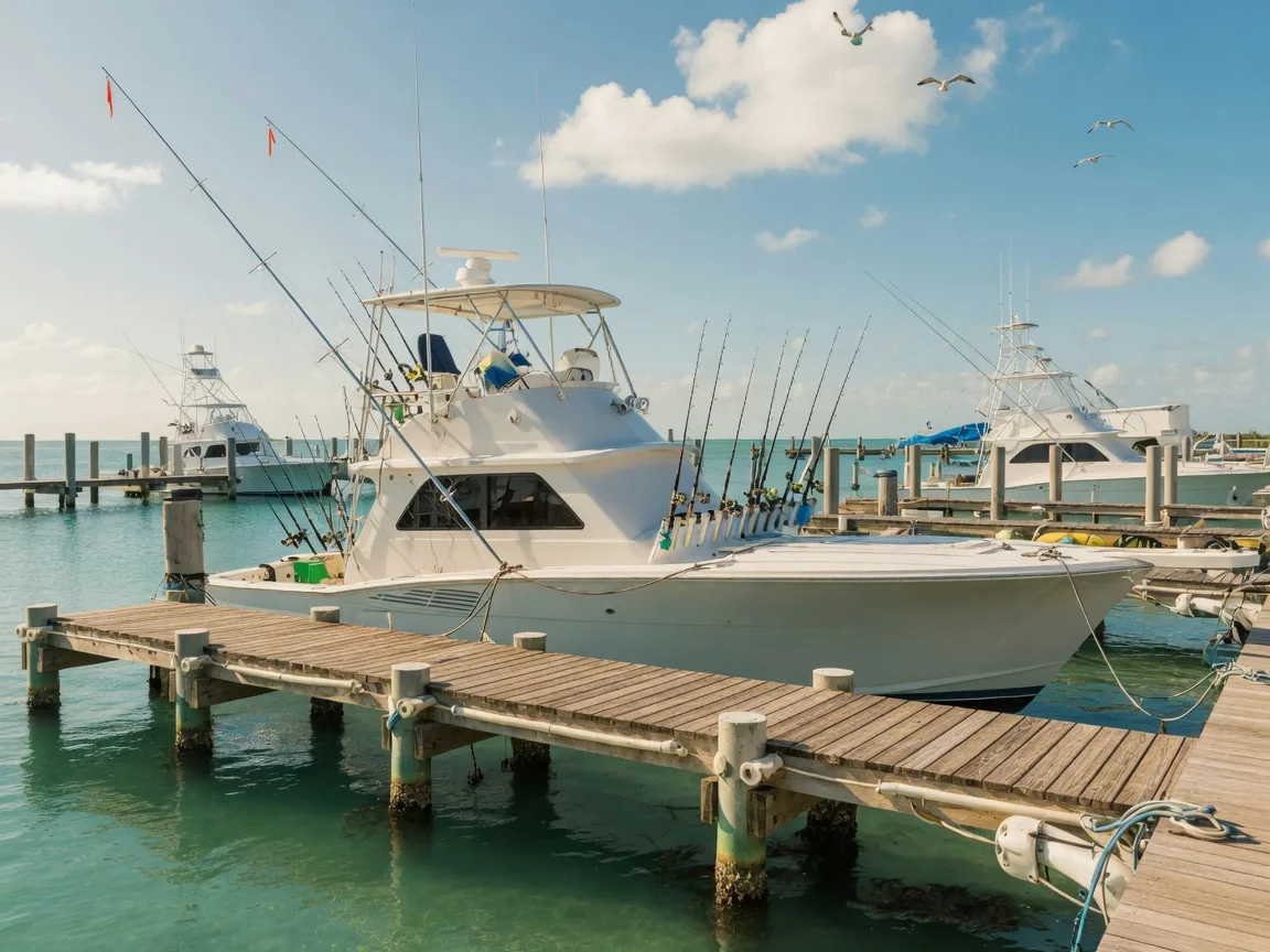 White sportfishing charter boat tied to a floating dock at an Islamorada marina with fishing rods in the holders and clear turquoise water on a bright blue-sky day
