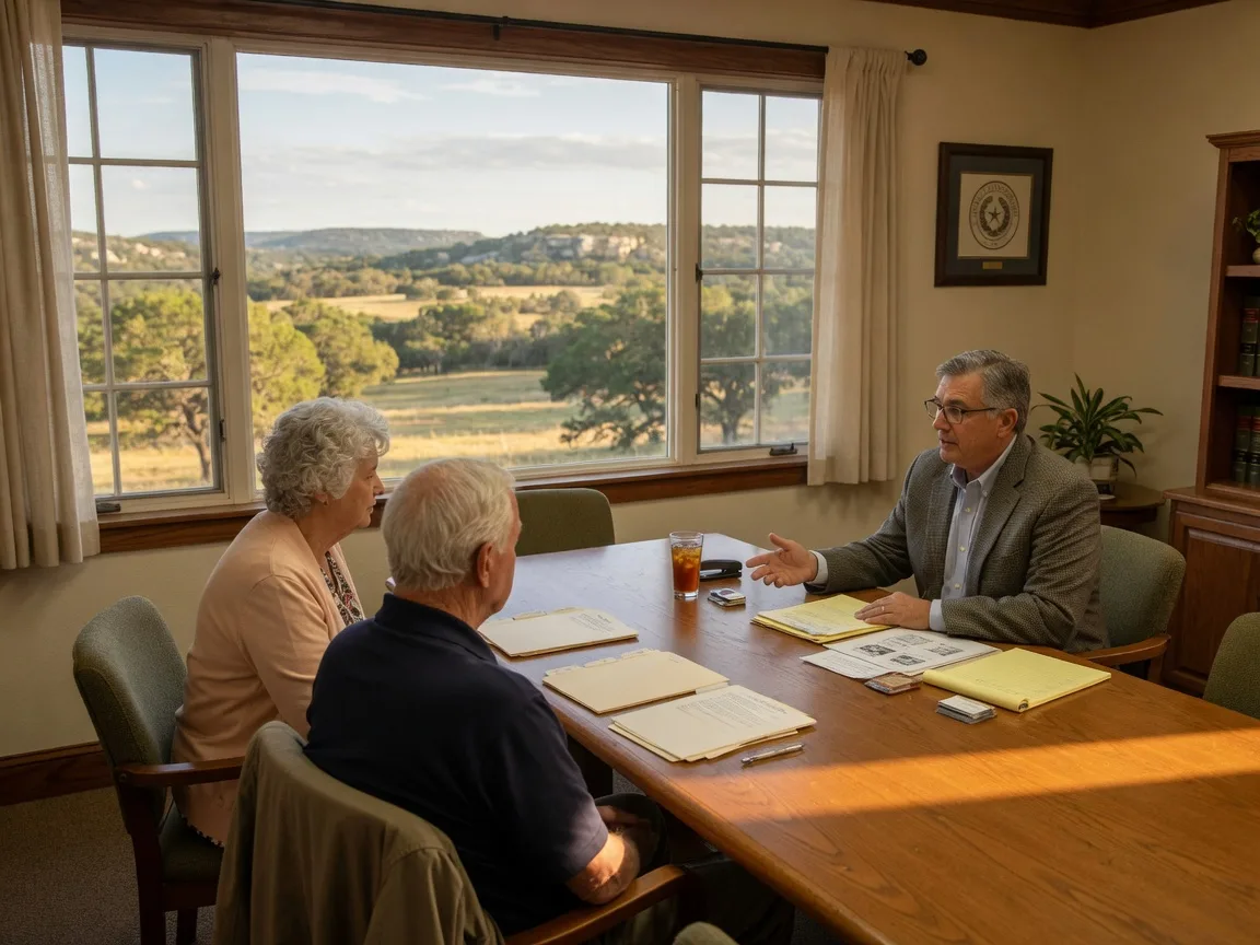 Couple meeting with an estate planning attorney to review wills and trusts after relocating