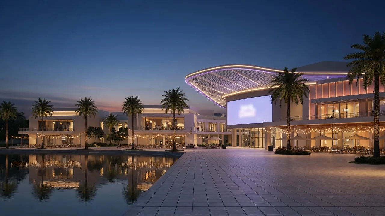 Artist impression of a modern entertainment district with a palm-lined plaza at dusk