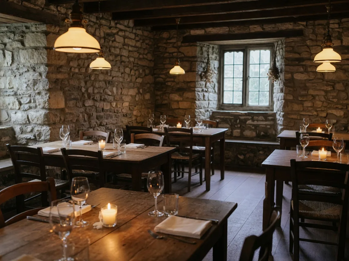 Candlelit farm-to-table dining room inside a historic stone farmhouse with rustic wood tables, exposed fieldstone walls, and warm pendant lamps