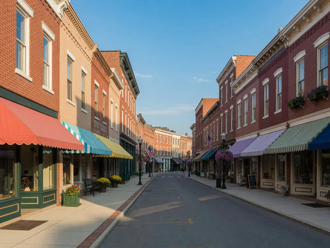 Historic brick storefronts along a Georgetown Kentucky main street in morning light