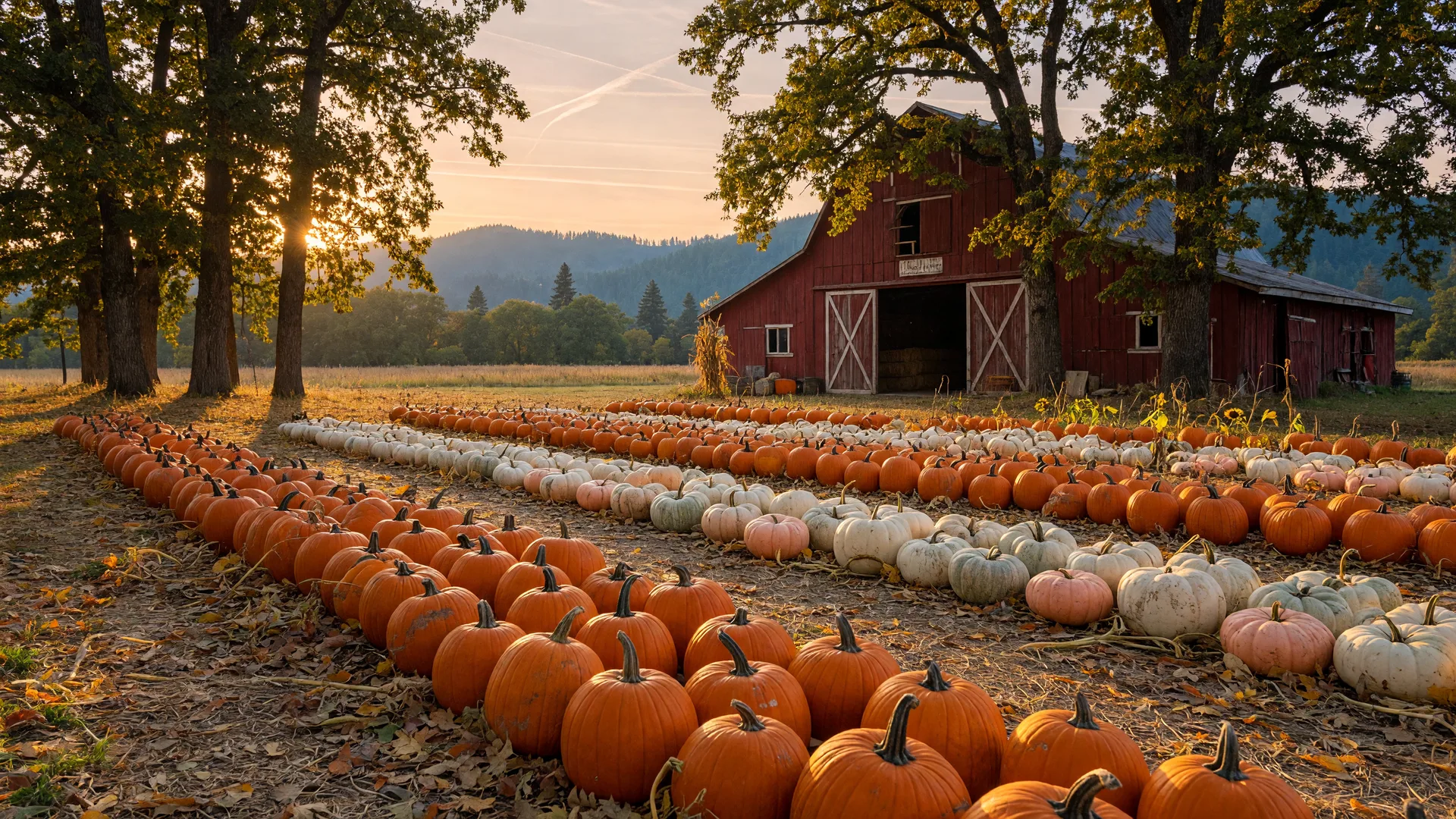 A warm pumpkin patch scene in Southern Oregon at golden hour with rows of pumpkins and a red barn in the background
