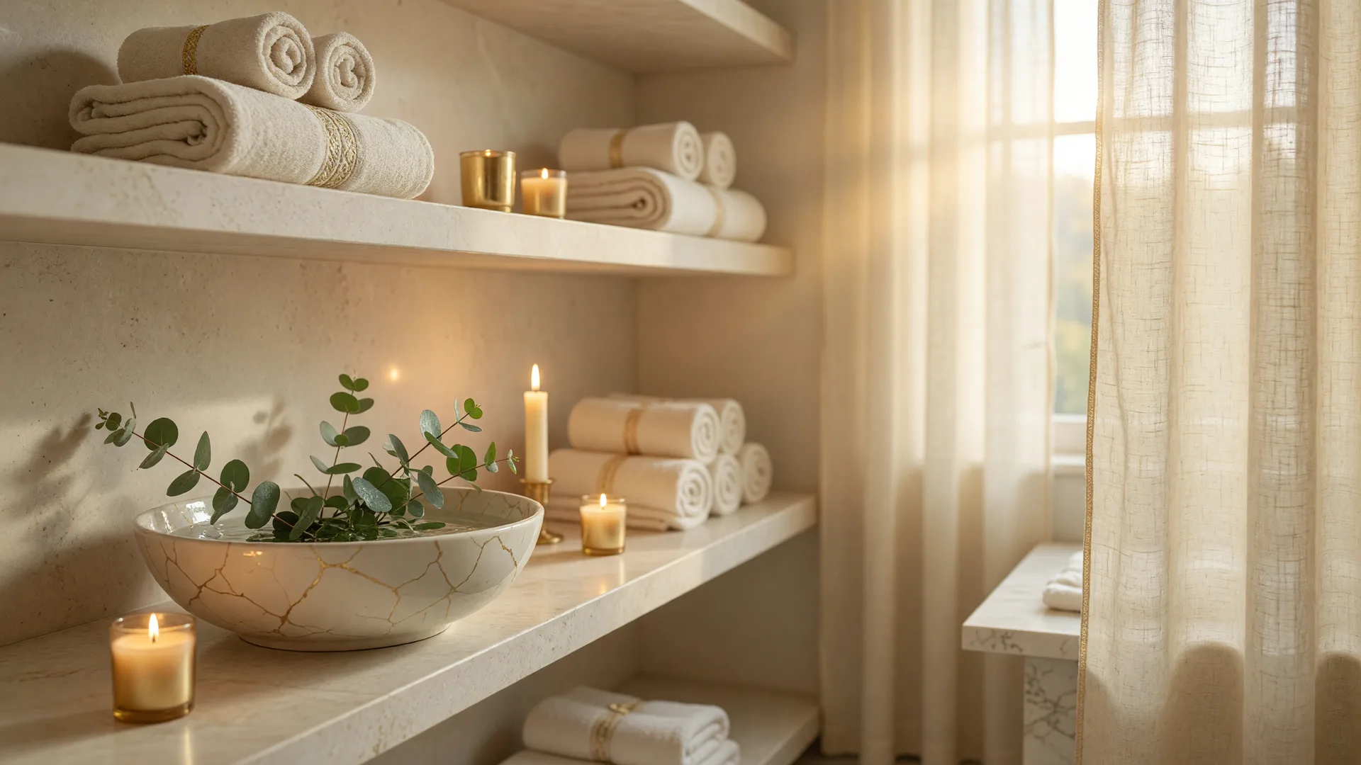 A serene luxury day spa interior in warm ivory and gold tones with rolled towels, candlelight, and eucalyptus