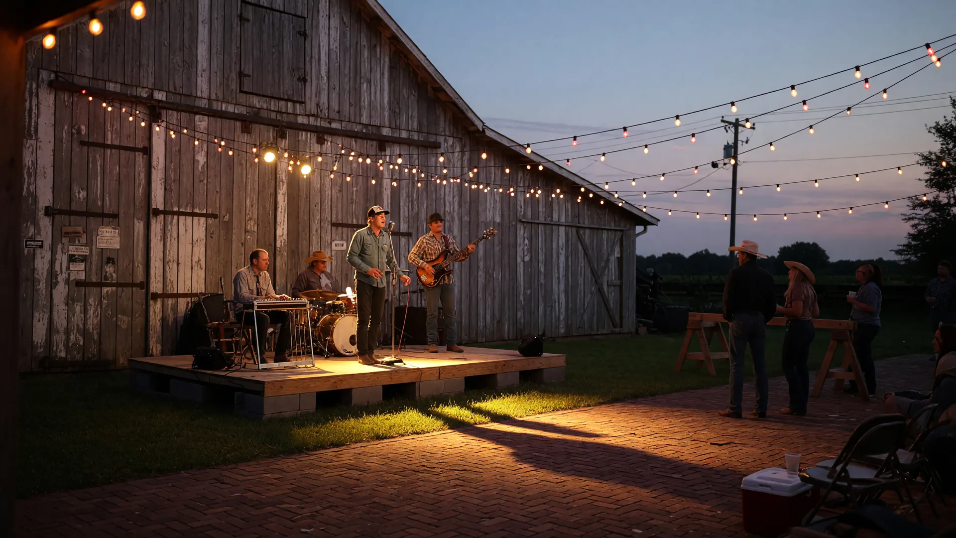 An Americana band silhouetted on a rustic courtyard stage at an East Texas event venue with string lights and a brick courtyard