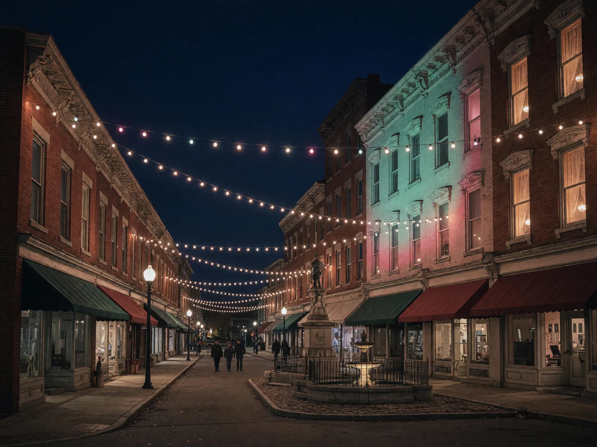 A festival evening on a Main Street lined with string lights and glowing windows