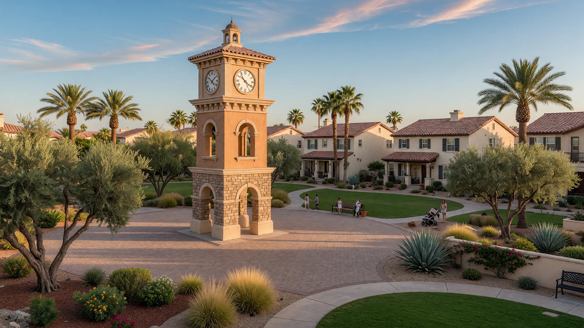 Park plaza with a tall clock tower and Mediterranean-style homes in Summerlin West