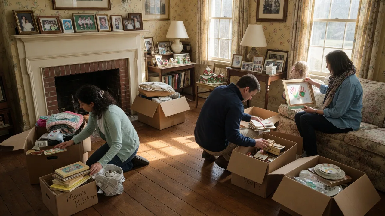 Adult children sorting through family belongings in a sunlit colonial home