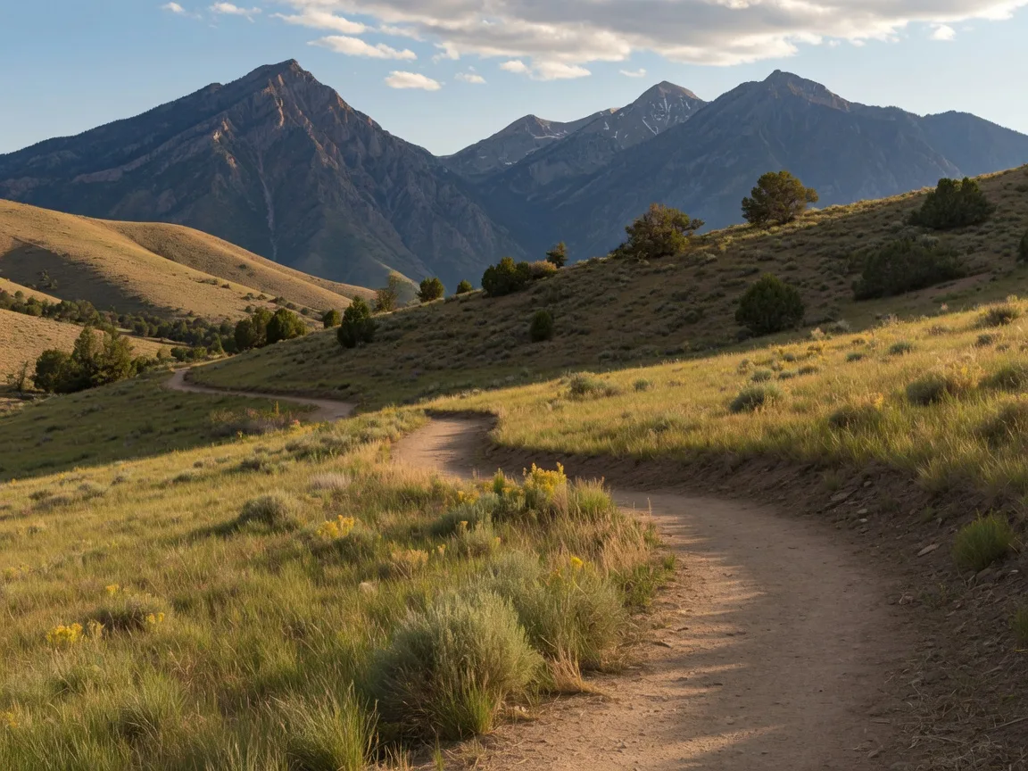 A singletrack mountain bike trail winding through golden-green foothills in Draper's Corner Canyon trail system with the Wasatch Mountains rising in the background