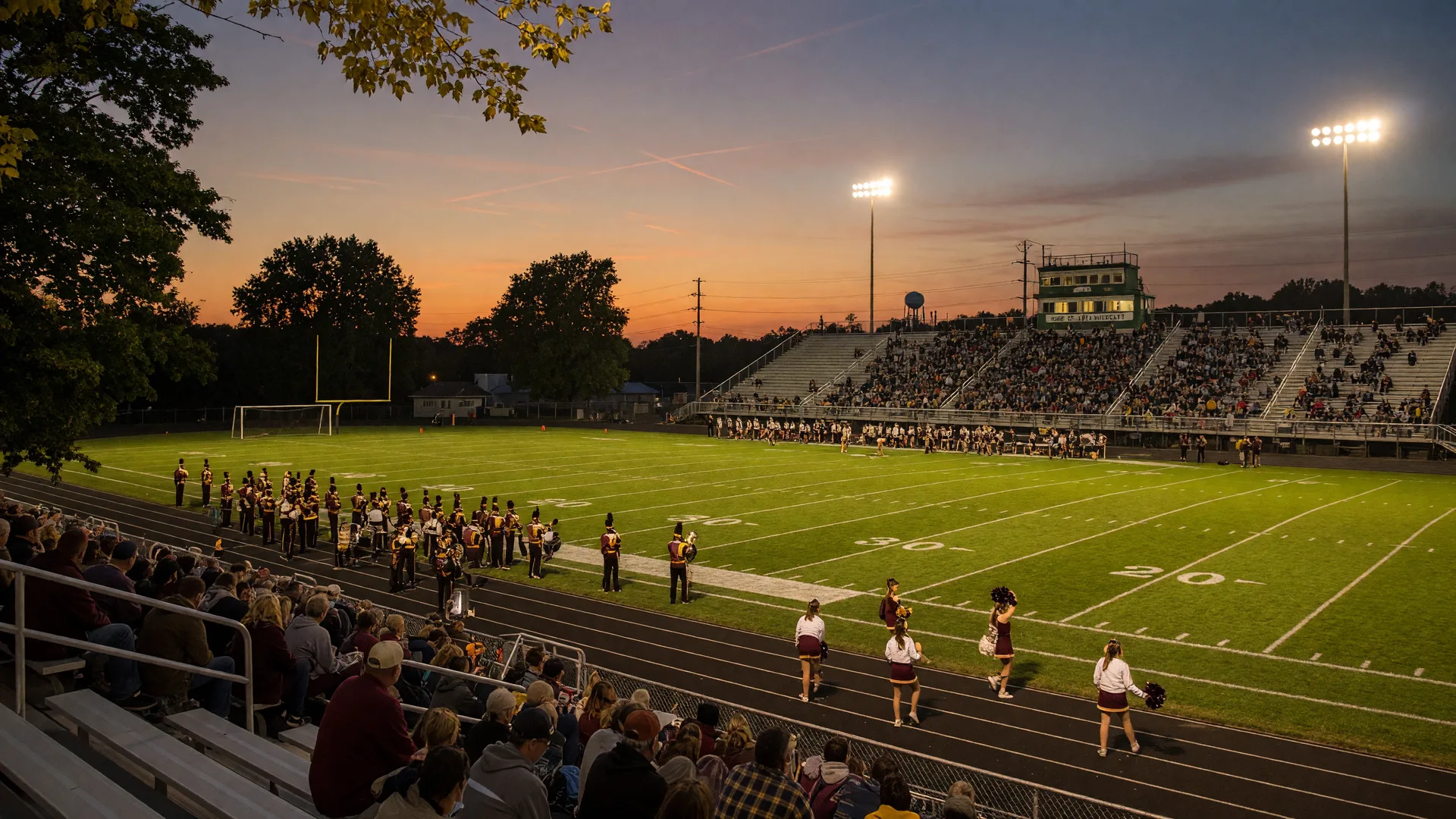 A rural Clinton County Ohio high school football stadium on an early September evening with stadium lights glowing against a deepening amber and blue dusk sky, packed bleachers, and early autumn leaves at the edge of the field