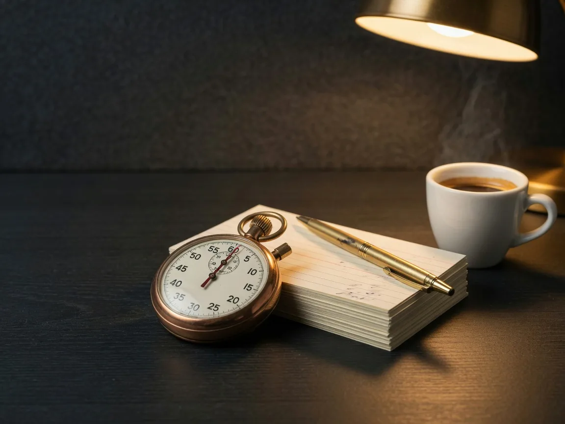 A vintage brass stopwatch beside cream index cards and a gold pen on a charcoal desk, the calm tools that answer urgency without panic