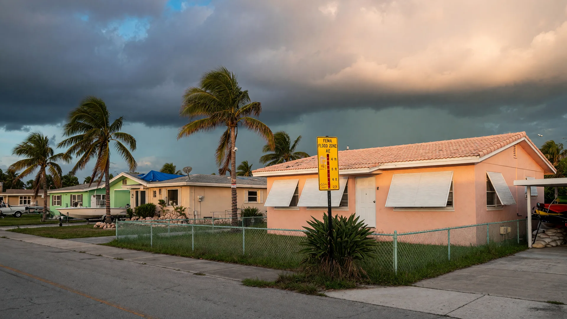 South Florida neighborhood with hurricane shutters and flood marker under a storm sky, showing the importance of flood insurance