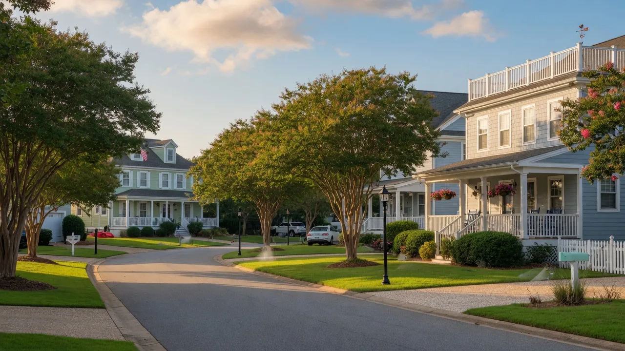 Beautiful Virginia Beach residential neighborhood with tree-lined streets and coastal architecture