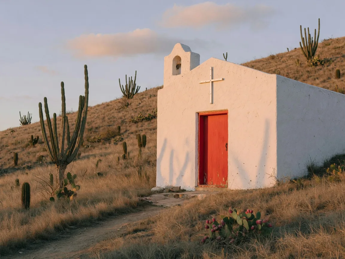 A small white mission chapel with a red door on a Baja California hillside