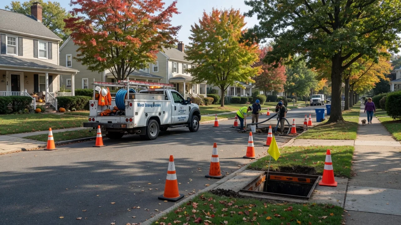 A residential street in West Orange New Jersey with a municipal water utility crew, truck, and orange cones working on a service line inspection on a sunny early-autumn morning
