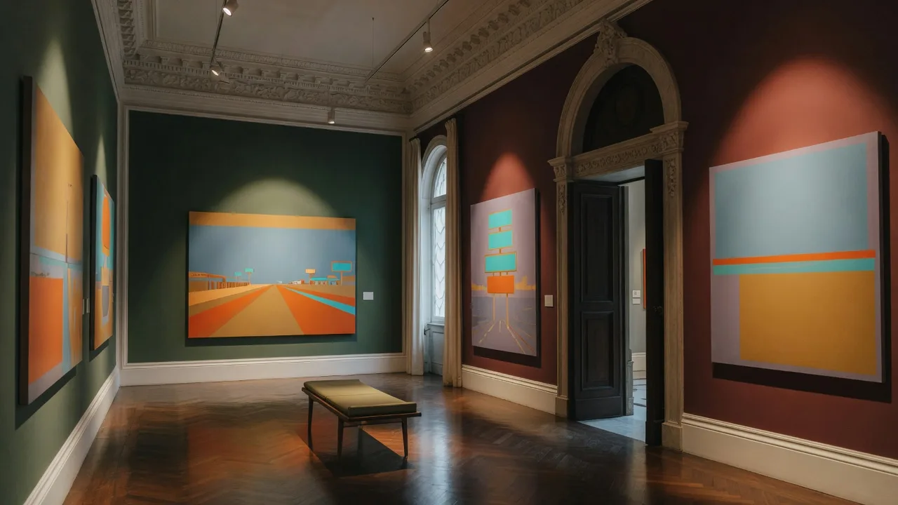 Art gallery inside Philbrook Museum of Art with warm spotlights on abstract paintings inspired by Route 66 and American car culture