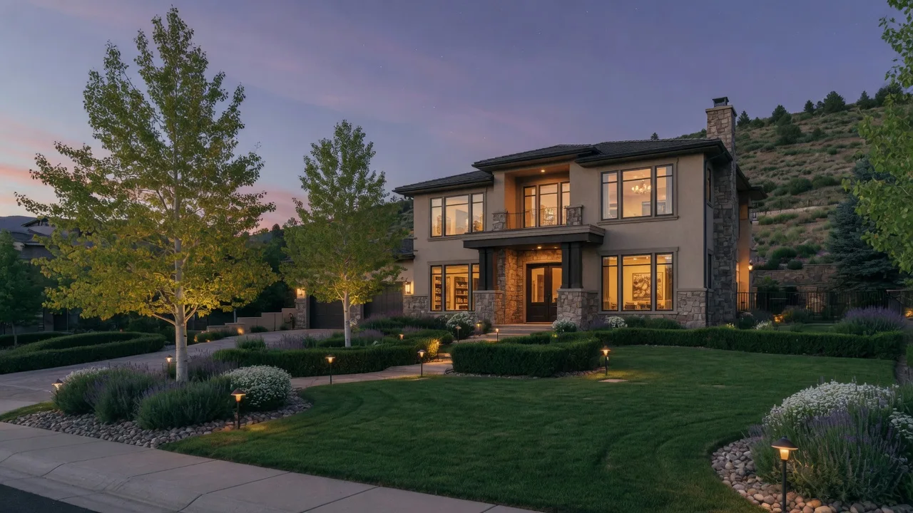 An elegant stone and stucco luxury home in a Carson City foothill neighborhood at dusk with warmly glowing windows and aspen trees.