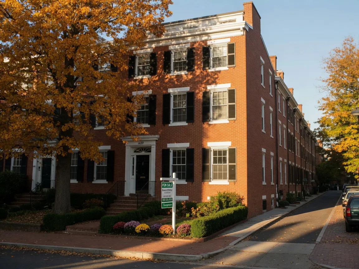 Classic brick rowhouse with white trim and black shutters on a quiet side street in the Georgetown neighborhood of Washington DC, a For Sale sign in the front garden and a mature oak with golden leaves framing the facade on a sunny October afternoon