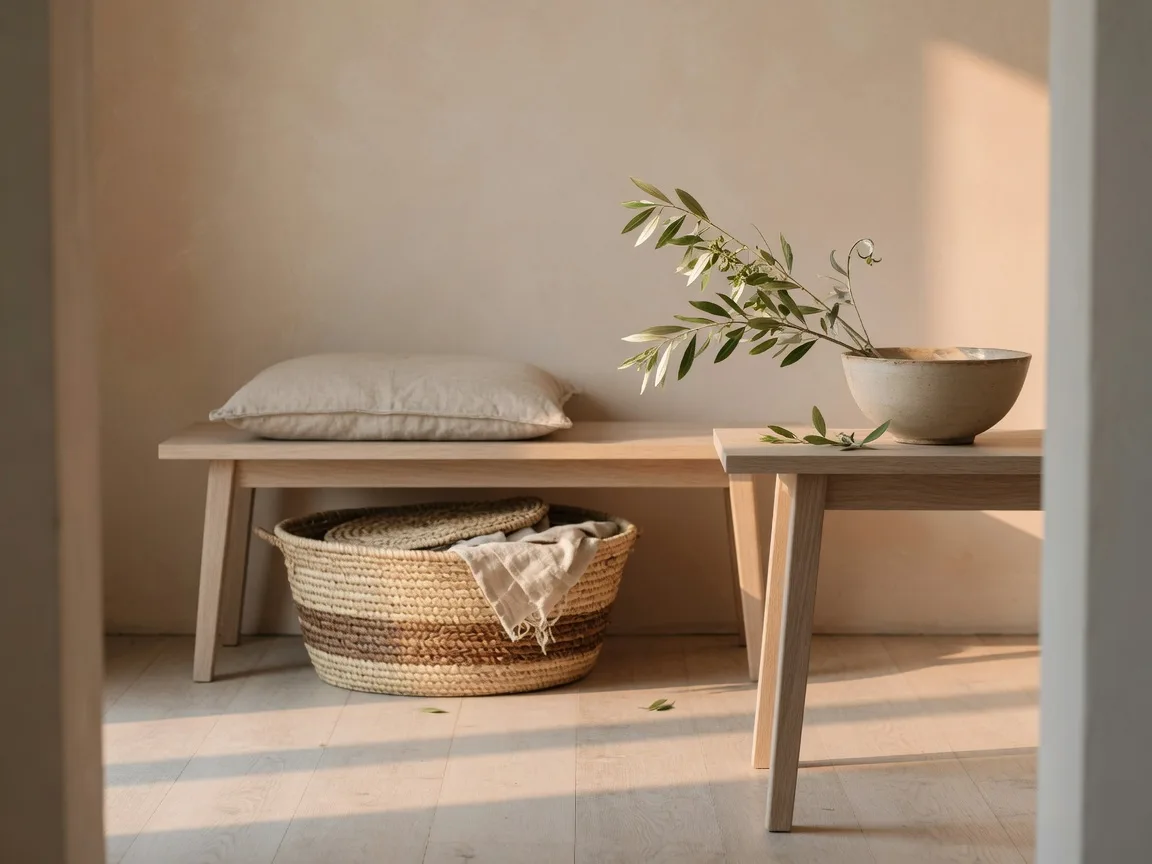 A calm, feng shui-styled entryway with a light wood bench and ceramic bowl