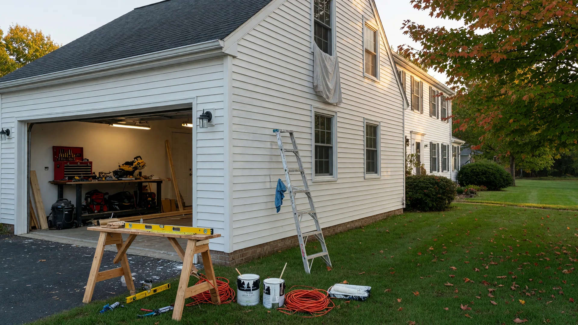 Home improvement tools beside a colonial home in Montgomery County, PA
