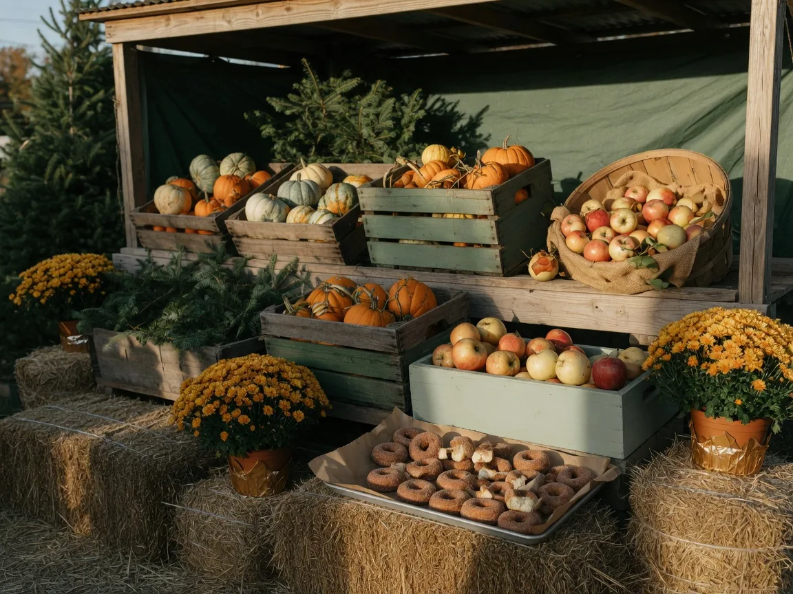 A rustic farm stand with crates of pumpkins, baskets of apples, and cider donuts at a fall harvest festival