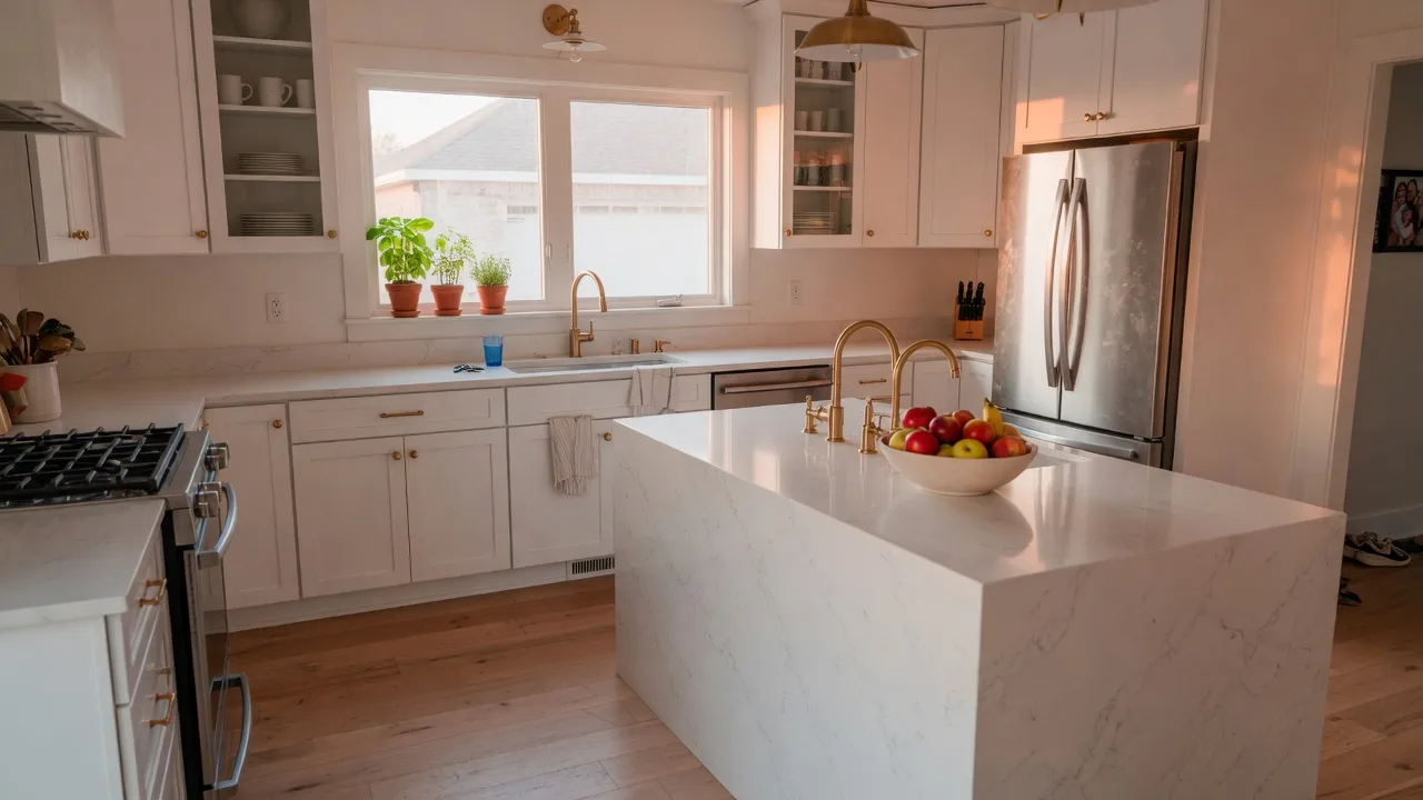 Bright modern kitchen in a Tulsa-area suburban home with white shaker cabinets, a quartz waterfall island, and brass fixtures