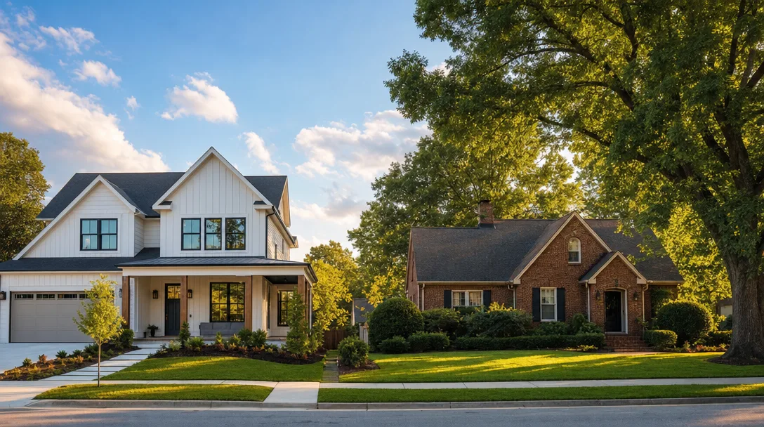Side-by-side comparison of a modern new construction home and a mature brick existing home in the Columbia SC Midlands