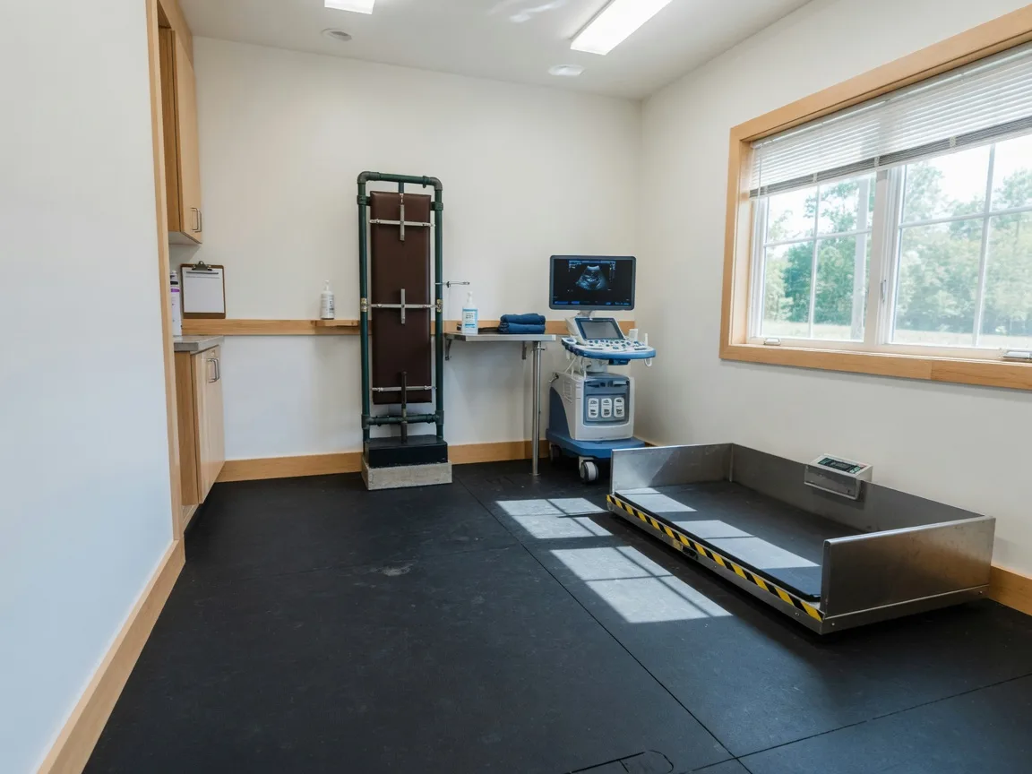 Clean modern equine veterinary examination room with rubber matting, stainless steel equipment, ultrasound cart, and treatment stock in Aiken, South Carolina