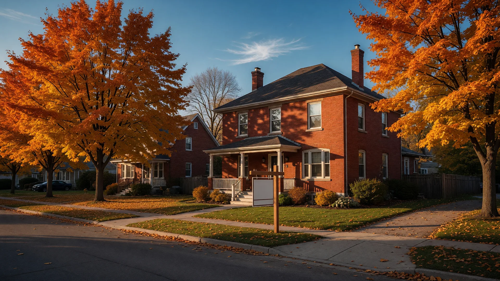 A classic two-storey red brick family home on a tree-lined Port Perry street on a crisp October morning, with a real estate yard sign on the front lawn and sugar maples in full orange and gold autumn colour