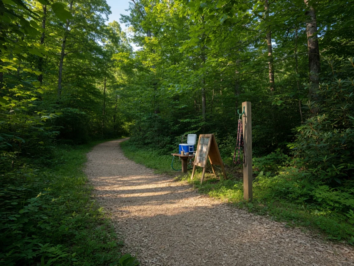 A sun-dappled wood chip walking trail through a Fairfax County forest park, with a dog leash and water station sign visible