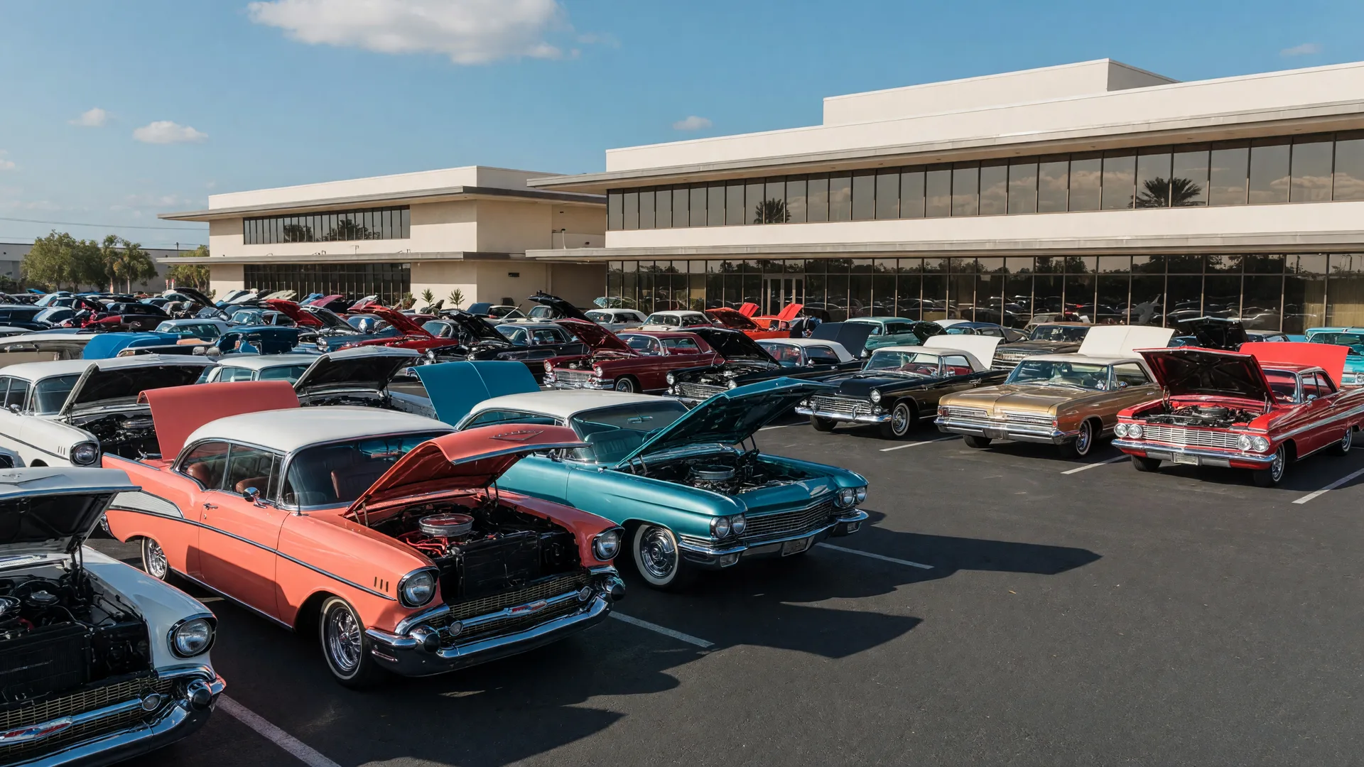 Rows of restored vintage American cars gleaming in a sunny parking lot outside a low modern casino resort building