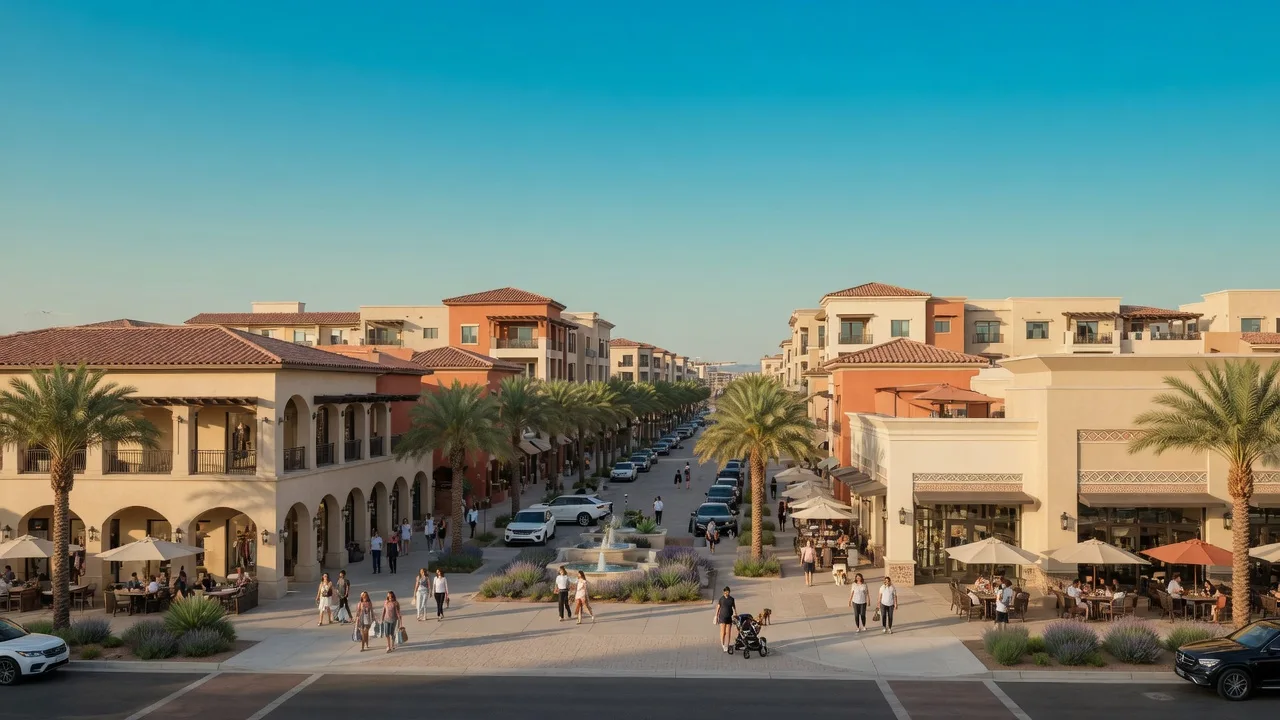 Enterprise's Town Square shopping district with modern Mediterranean architecture, palm trees, and outdoor dining under a clear Mojave Desert sky