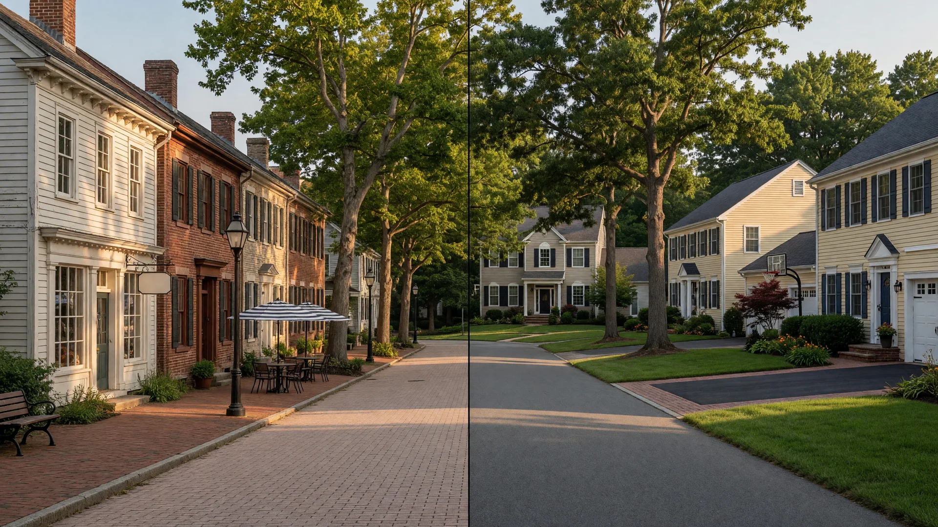 Split-screen comparison of the historic brick-lined Main Street of Medford Village and a tree-lined suburban street of colonial homes in Mount Laurel