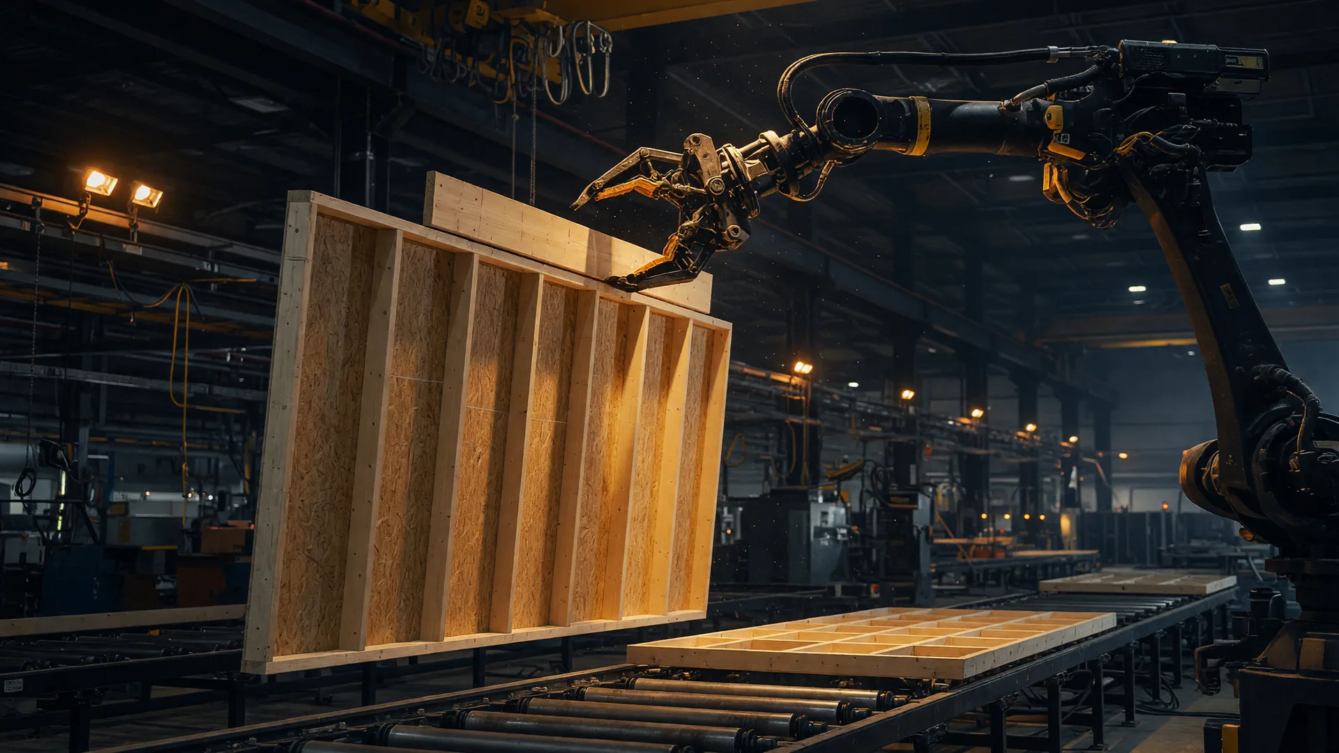 Industrial robotic arm placing a prefabricated wooden wall framing panel on a factory production line at night