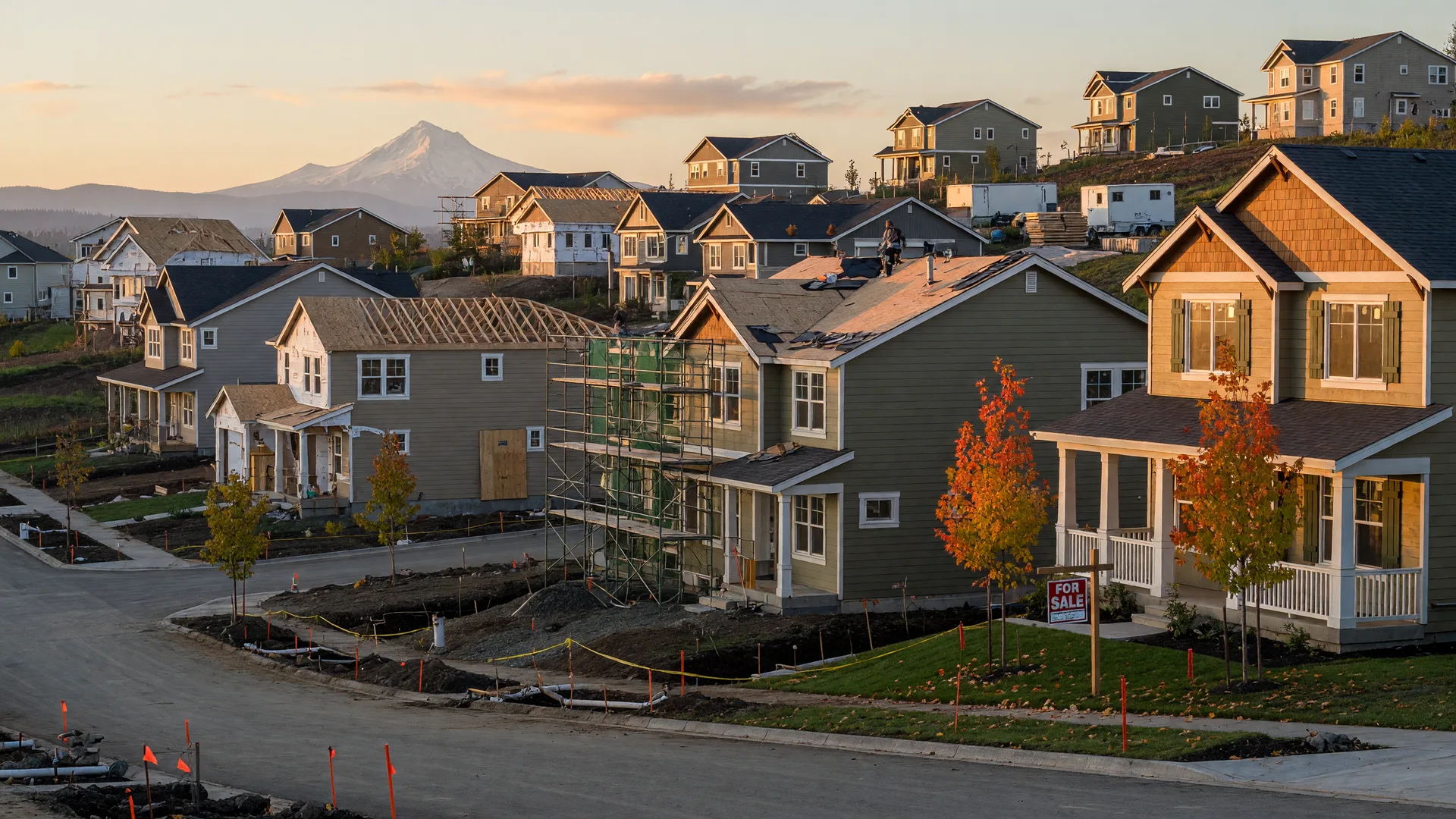 Final-phase craftsman homes under construction on a Pacific Northwest hillside at golden hour, Mount Hood on the horizon