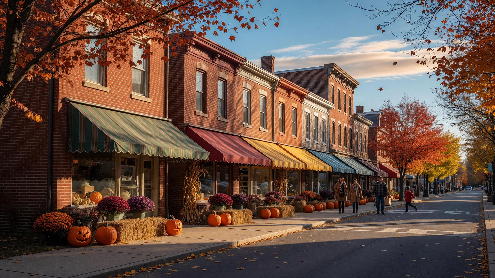 Red-brick storefronts, pumpkins, and golden maples on an October afternoon in downtown Indiana, PA