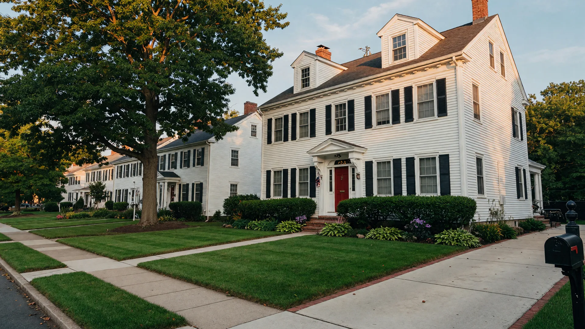 Classic white-siding colonial home in a Cherry Hill neighborhood on a bright early-September morning