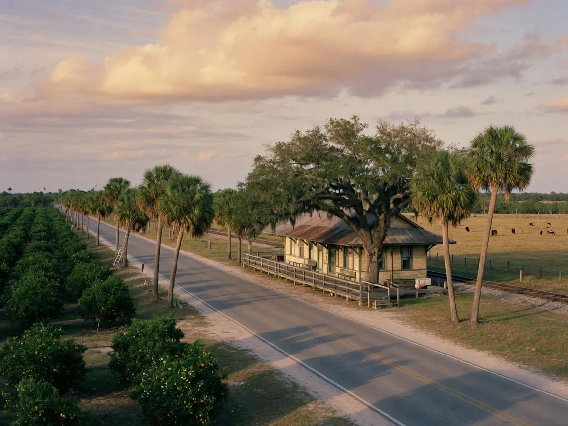 A quiet country road through citrus groves and ranch land, a historic railroad depot under a spreading oak at late afternoon