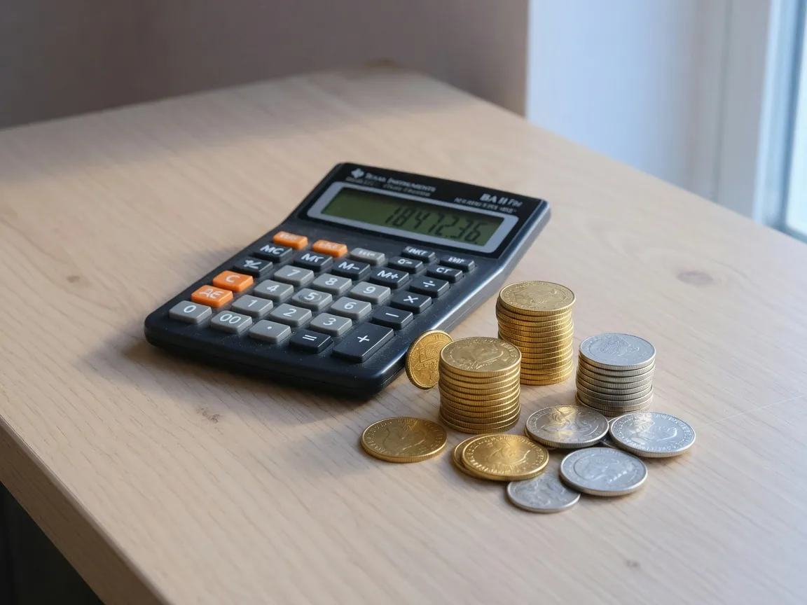 Financial calculator and stacked coins on a desk representing savings calculations.