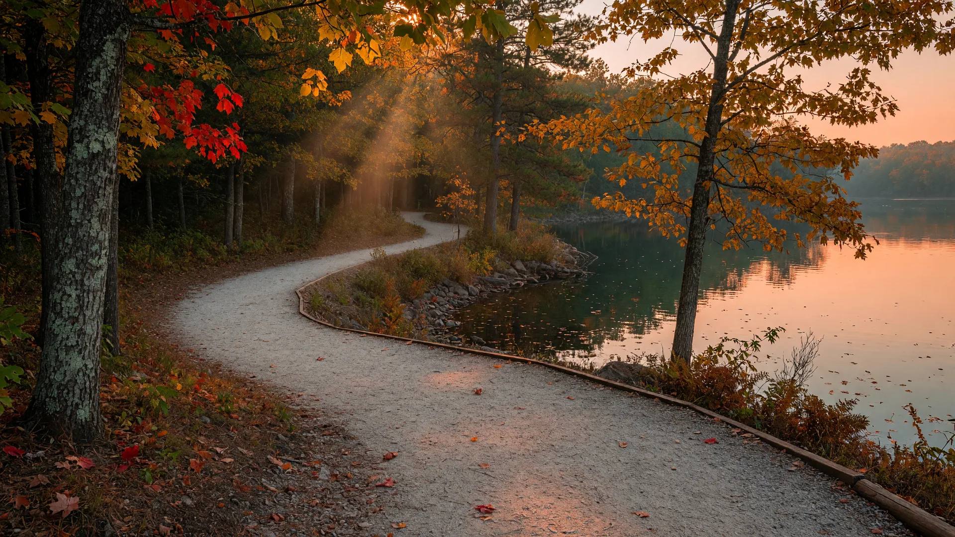 A wooded hiking trail beside a lake in autumn