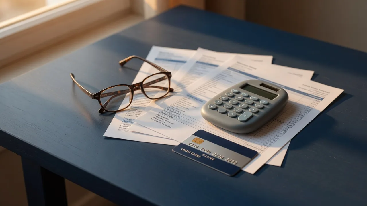A credit card and calculator resting beside bank statements on a navy desk