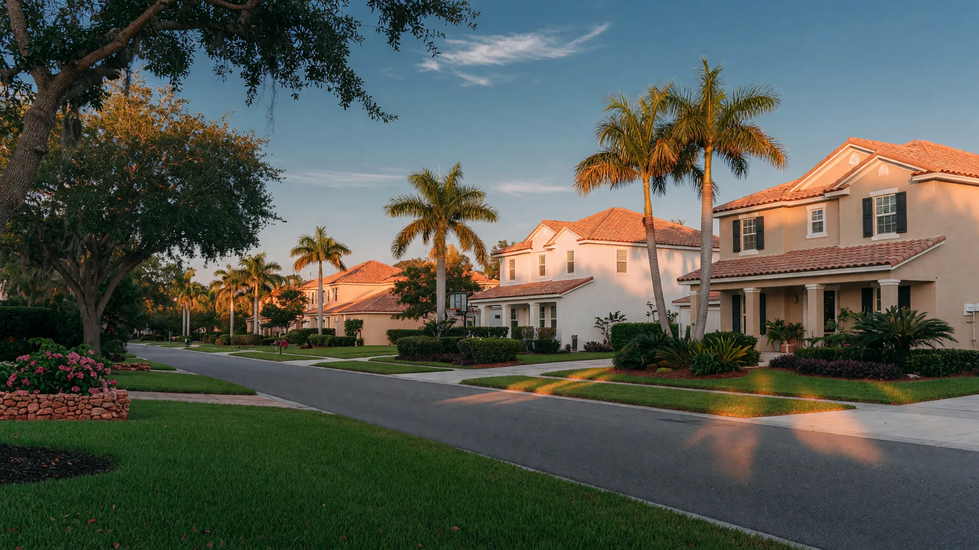Sunlit Tampa Bay suburban neighborhood with modern homes, palm trees, and manicured lawns at golden hour
