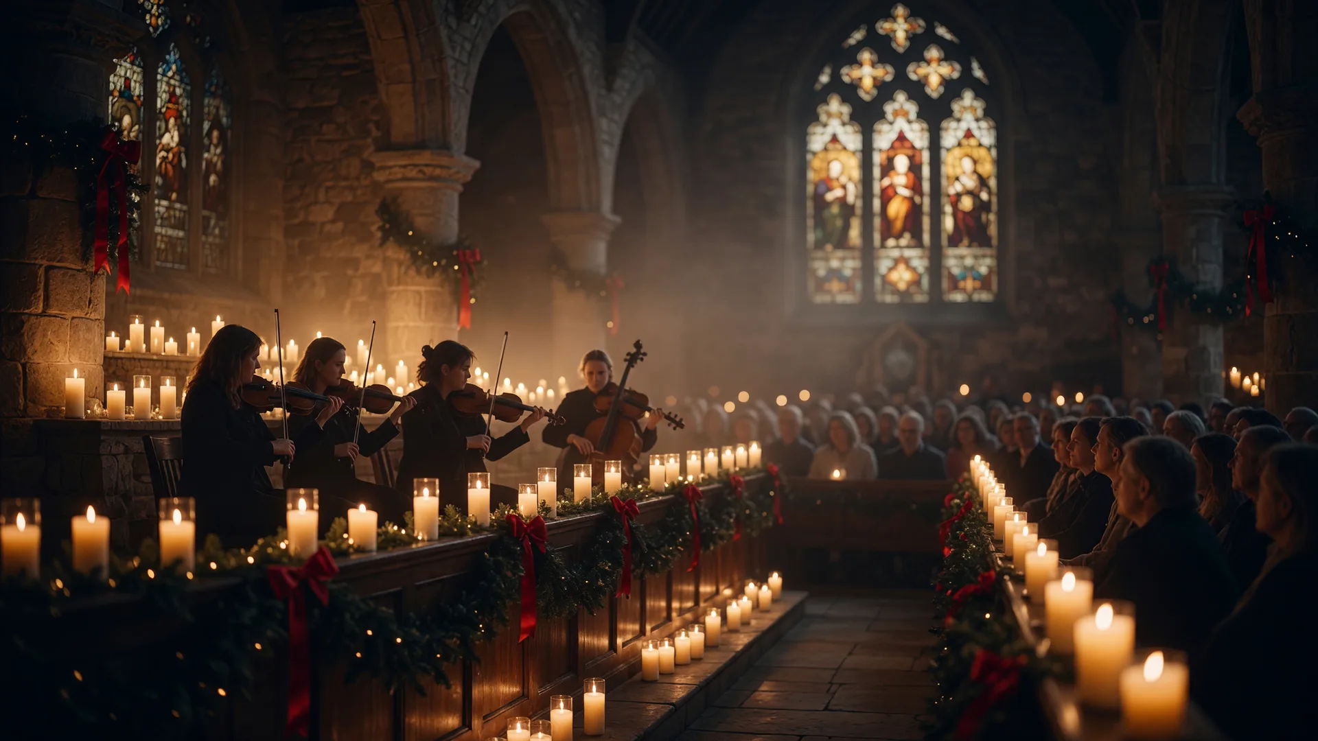 A holiday candlelit concert in a historic chapel with evergreen garlands, red ribbon, and a string ensemble in warm amber glow