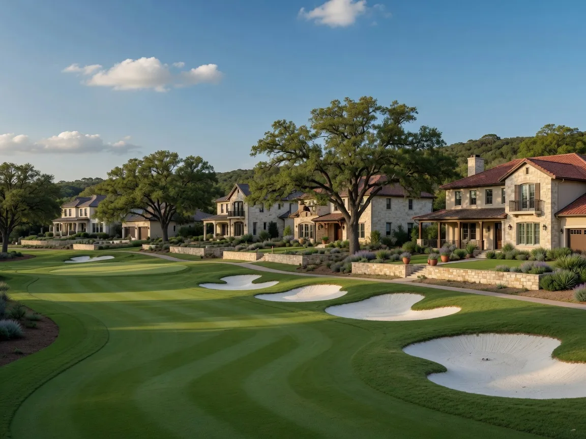 A manicured golf fairway with white sand bunkers beside stone and stucco luxury homes in a master-planned Hill Country community on a clear day
