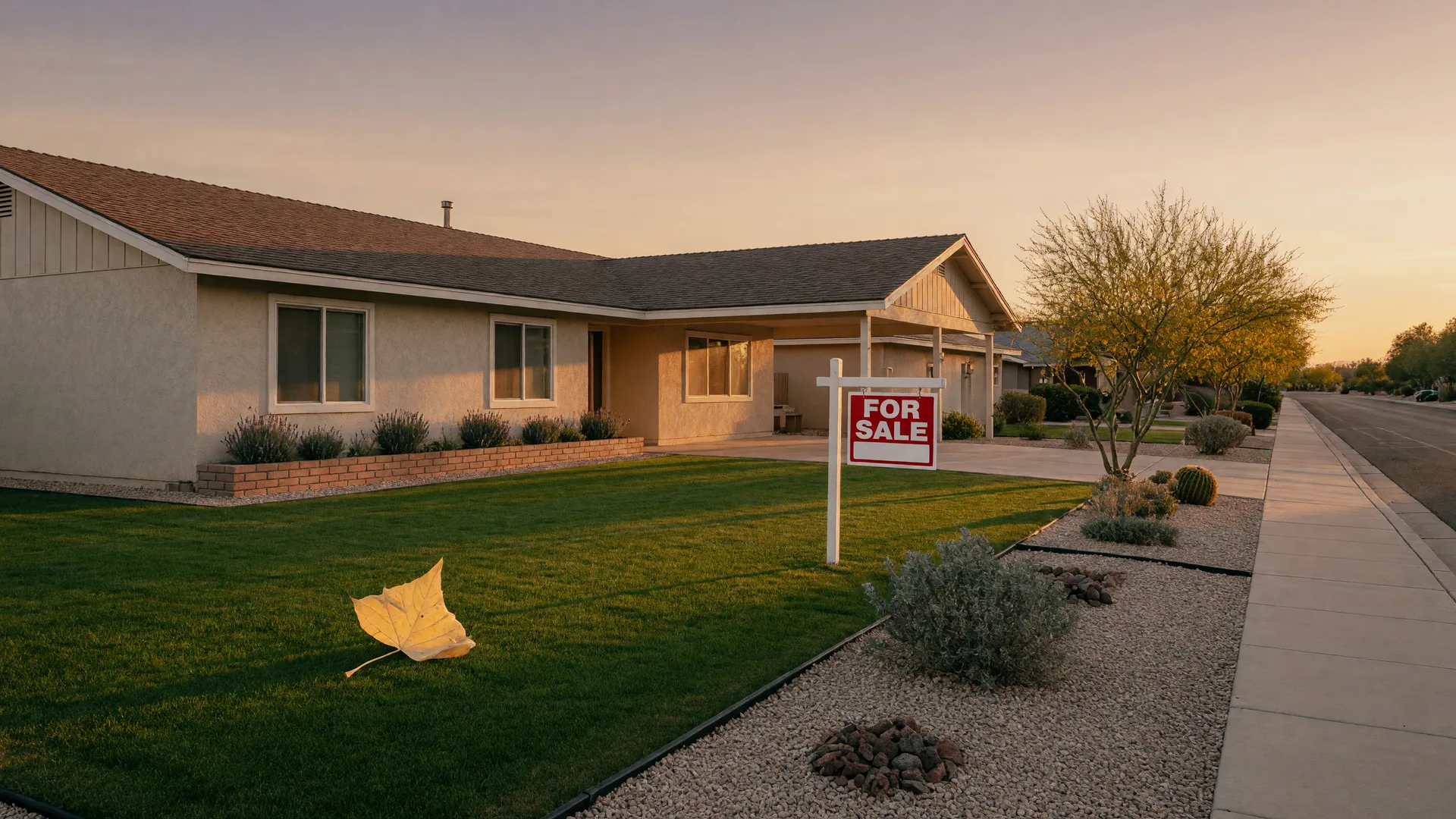 A tidy Nevada ranch-style home with a for-sale sign in the front yard in warm golden-hour light, with a single fallen leaf on the lawn.