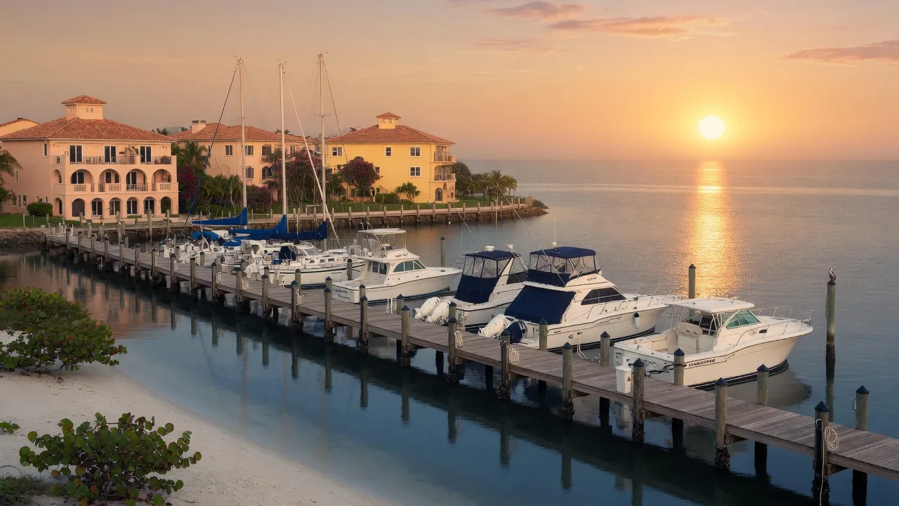 The waterfront marina on Marco Island at golden hour with boats moored along the dock