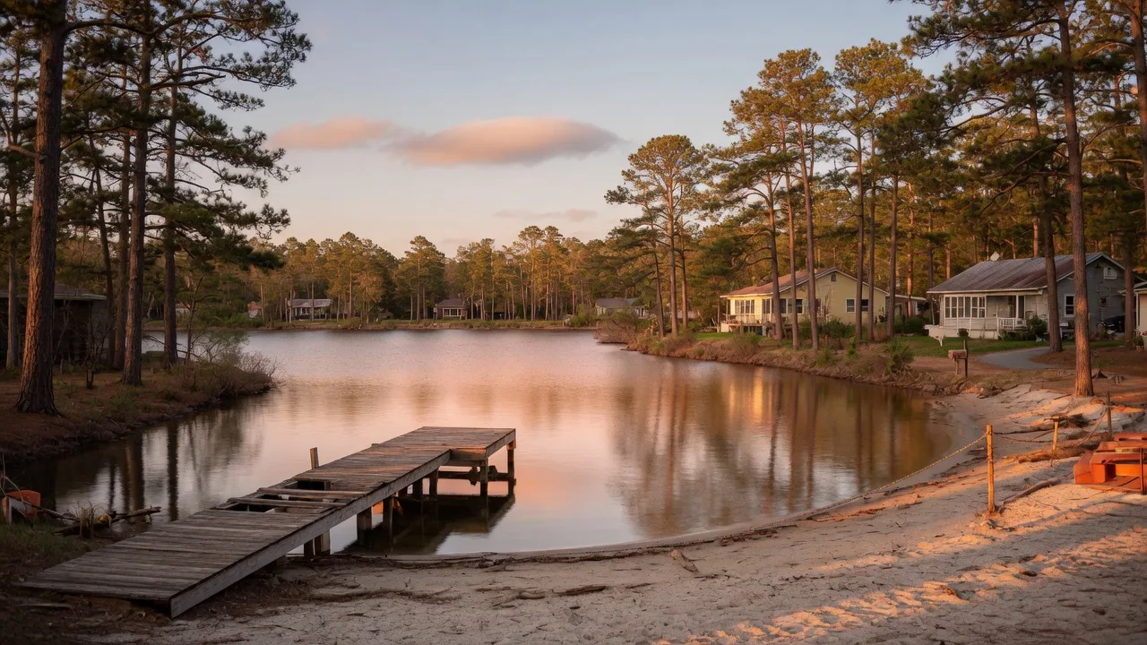 Quiet lake community in Pemberton Township NJ with a sandy municipal beach, wooden dock, and pine forest at golden hour