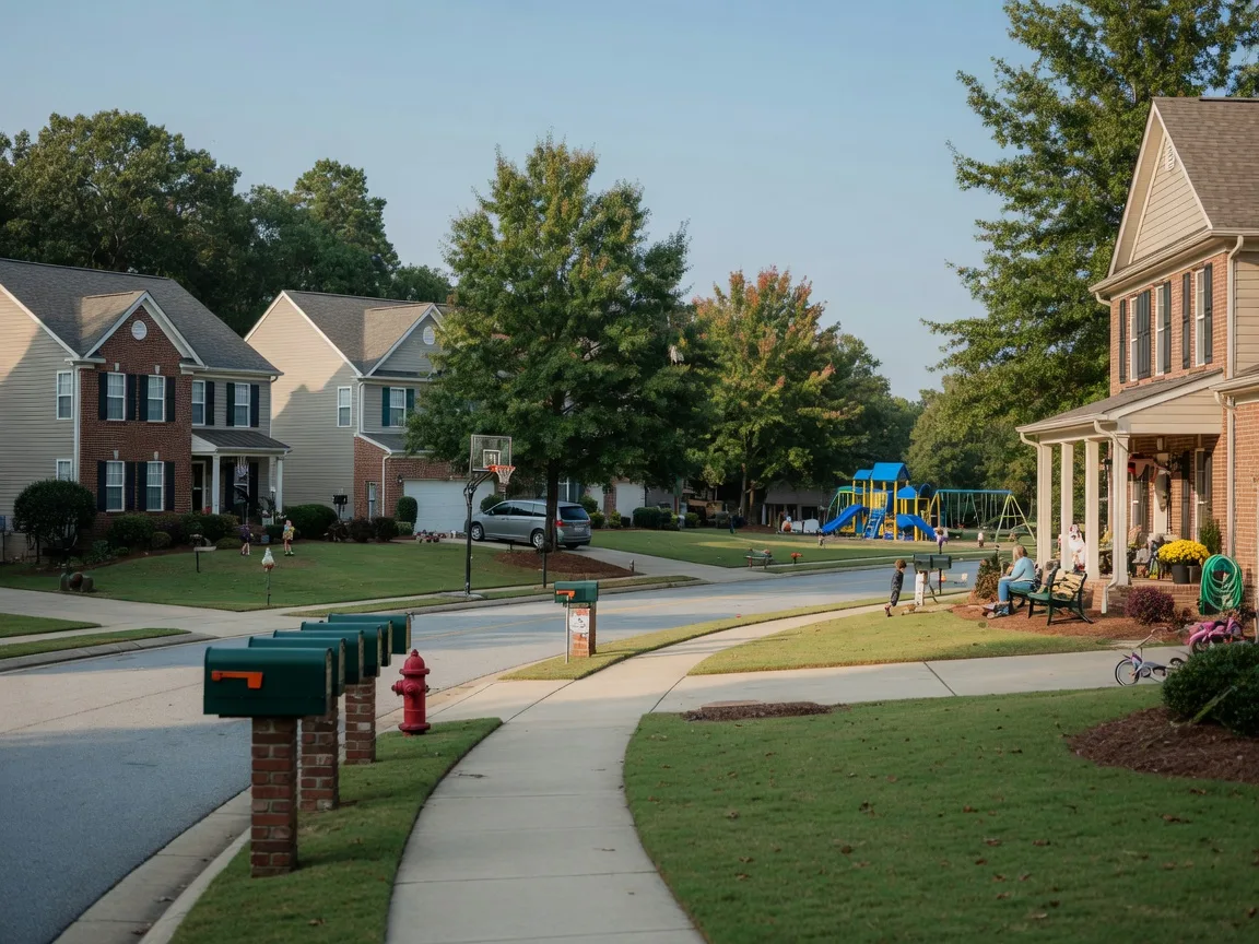 Quiet family neighborhood in Gwinnett County with brick and siding homes, green lawns, shade trees, a sidewalk, and a park down the block