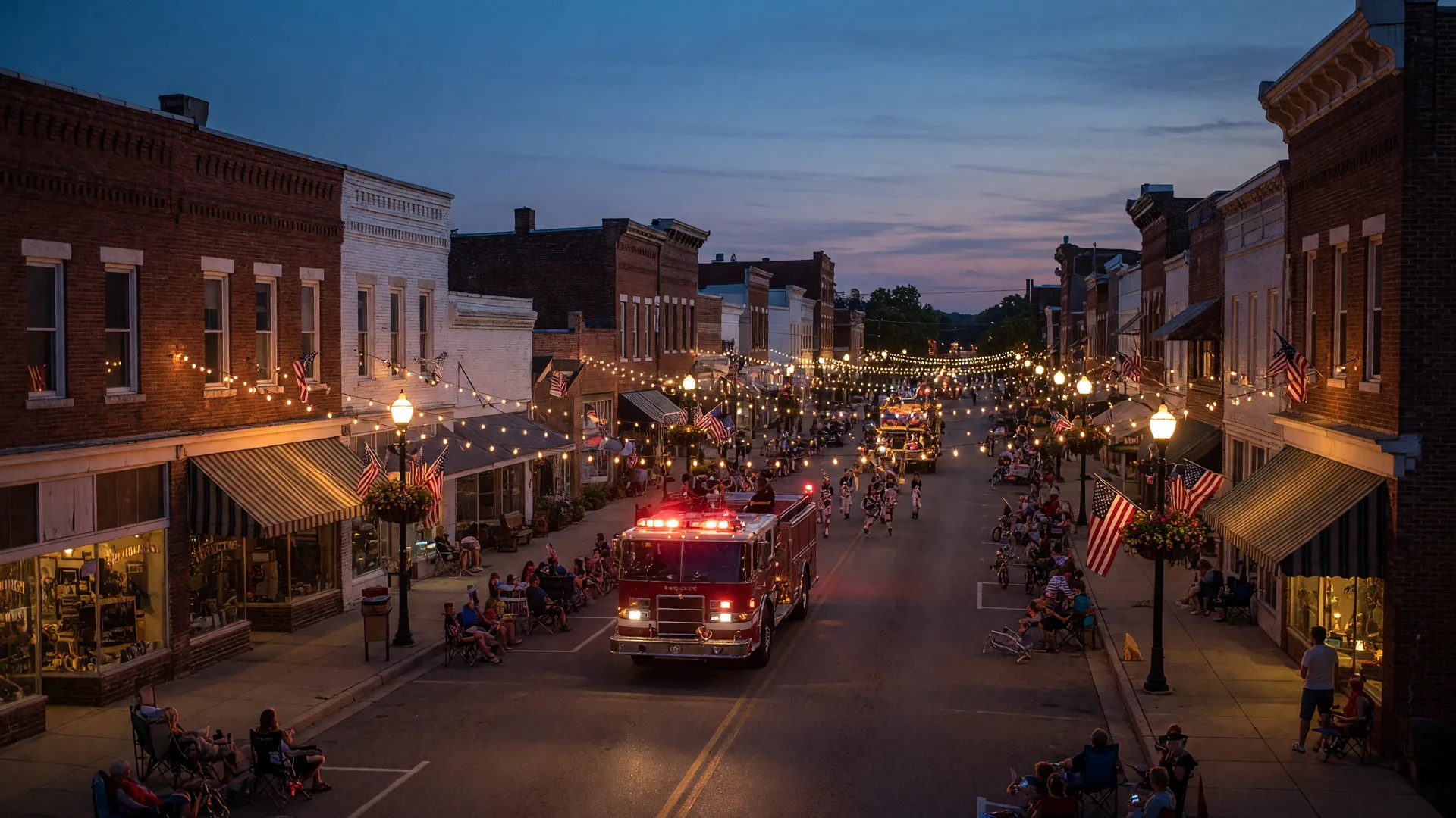 Small-town July 3rd parade on a vintage main street at dusk with string lights, flags, and a fire truck leading the parade