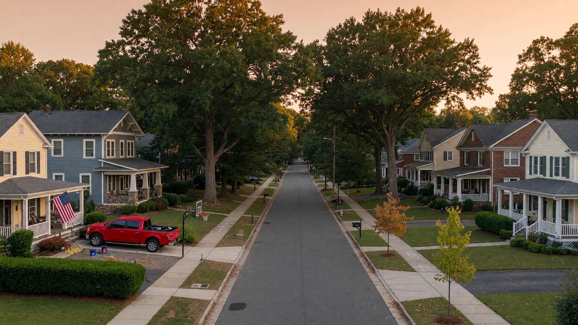 A tree-lined residential street in a Richmond-area Virginia neighborhood on a warm late-summer afternoon with classic homes and golden light